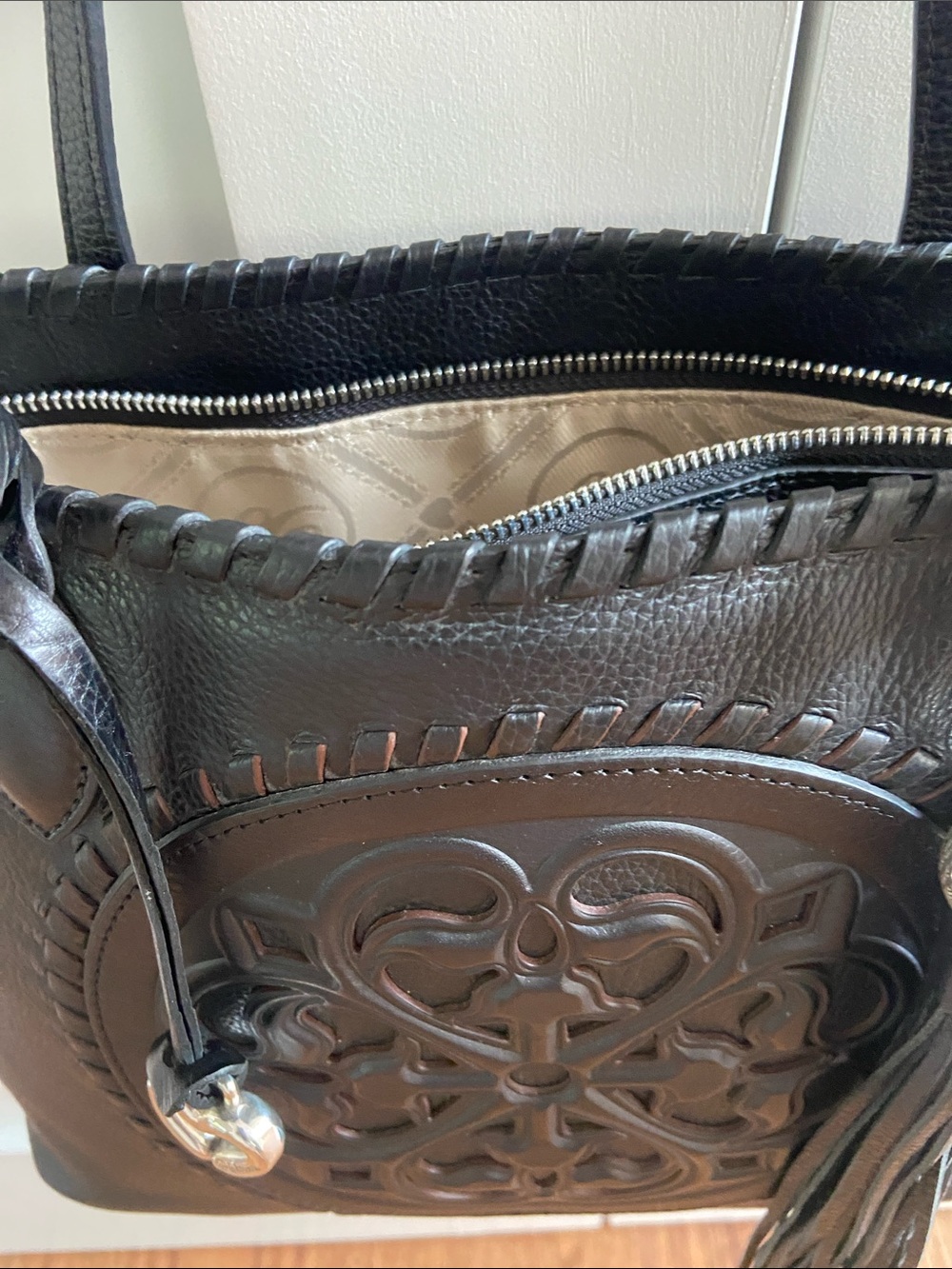 Brighton Black Leather Tote with Embossed Medallion and Tassel - Picture 8 of 15